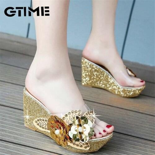 2020 Summer New Wedges Sandals Women Sexy Crystal Transparent High Heels PVC Slippers String Bead Slippers Fashion #SJPAE-163