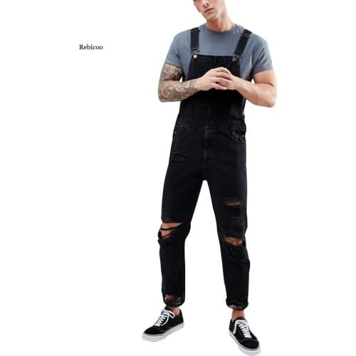 New Mens Hole Pocket Jeans Overall Jumpsuit Streetwear Overall Suspender Pants Overalls Streetwear