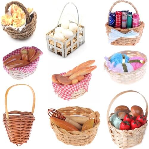 New Trash Cans Bath Fruit Bamboo Bread Toast hot dog Egg Sewing Tools Weaving Storage Basket Dollhouse Furniture Toys