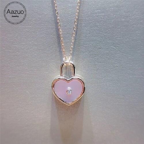 Aazuo Real 18K Rose Gold Real Diamond IJ SI Natural Pink Shell Lock Pendent Necklace gifted for Women Engagement Wedding Chain