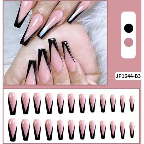 24pcs Black Pink Printed Nail Patch Square Head Glue Type Removable Long Paragraph Fashion Manicure False Nail Patch SK88