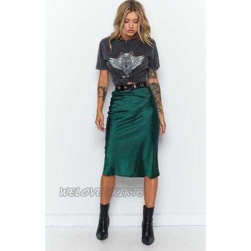 Casual Dark Green Female Satin Skirt for Women Straight Office Lady Zipper Back Customized Mid-Calf Skirts 2020 New Arrival
