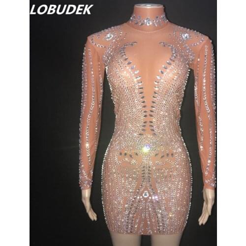 Silver Rhinestones Transparent Mesh Short Dress Luxury Birthday Celebrate Prom Crystal Outfit Bar Nightclub Singer Stage Clothes