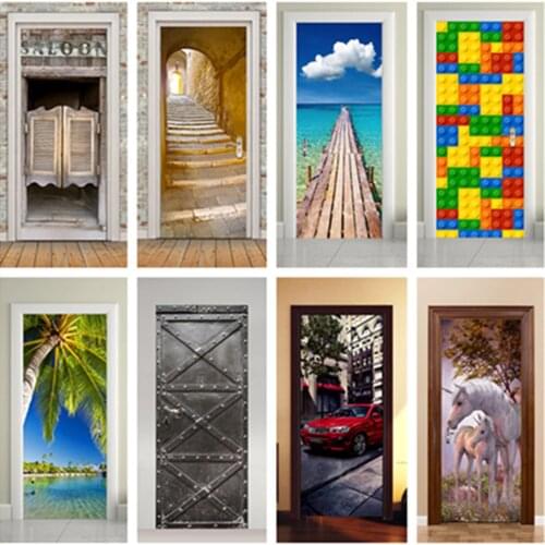 Funny Various Patterns Door Stickers Bedroom Livingroom Corridor Door Renovation Mural Decals Poster Home Decoration Accessories