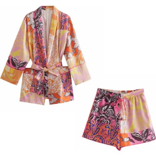 Za New Women Retro Floral print Simple Style Loose Long Sleeve Kimono Shirt And Casual Chic Shorts XITIMEAO
