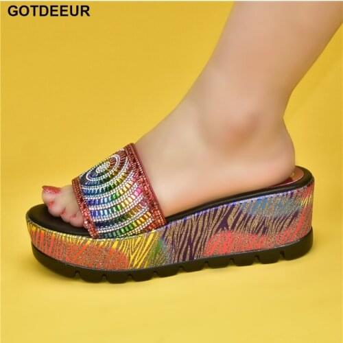 2021 Women Crystal Sequins Platform Wedge Thick Sole Sandals High Heels Mules Slides African Women Party Shoes with Rhinestone