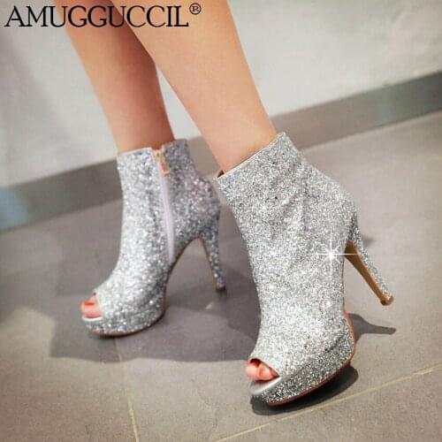 2020 New Plus Big Size 32-43 Black White Gold Silver Peep Toe Fashion Zip High Heel Platform Spring Female Lady Women Boot X1812