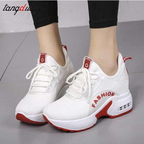 Womens Sneakers Knitted Elastic Mesh Shoes Women 2021 spring Sequined Bling Lace Up Platform Wedge Height Increasing Vulcanize