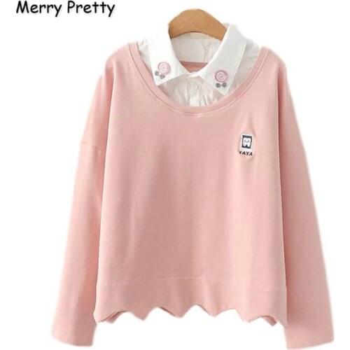 Womens Hoodies Sweatshirts Cartoon Embroidery Turndown Collar Pullovers 2020 New Sweet Style Girl Tracksuit MERRY PRETTY