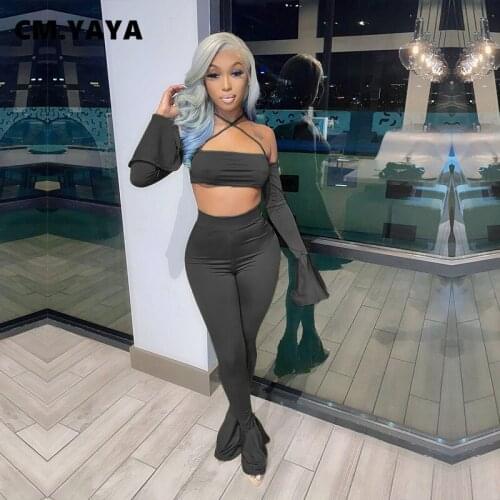 CM.YAYA Active Solid Womens Set Flare Long Sleeve Crop Tops Flare Legging Pants Suit Tracksuit Two Piece Set Fitness Outfit