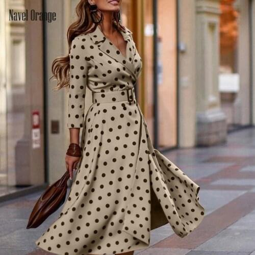 Women Autumn Turn-Down Collar Full Sleeve Long Party Dress Dot Printing Patchwork Ladies Dress Elegant Streetwear Dropshipping