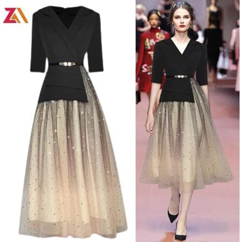 Designer runway elegant party evening midi long dress notched collar patchwork mesh Star sequins high quality women dresses traf