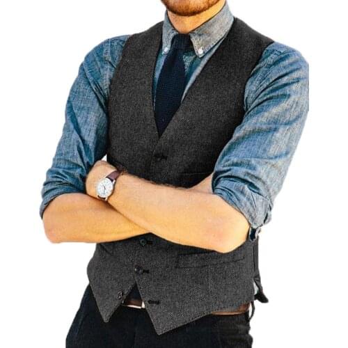 Men‘s Suit Vest Herringbone Tweed Waistcoat Jacket Slim Fit Formal Business Groomman Clothing For Wedding Vests