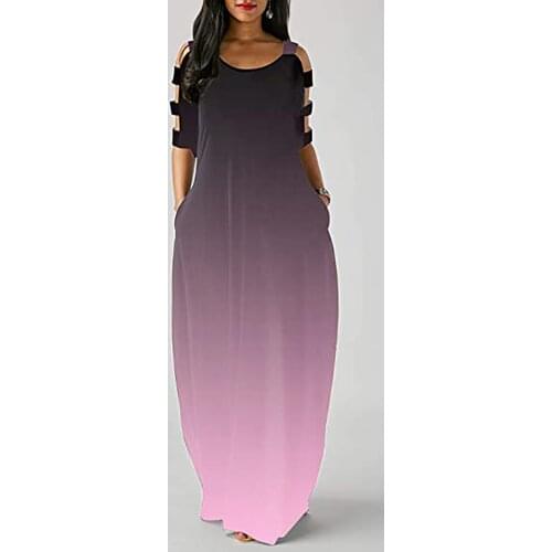 2021 Summer New Dress Womens Sexy Strapless Short Sleeve Gradients Long Dress Casual Loose O-Neck Beachs Vestido Robe Plus Size