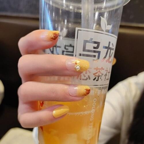 24pcs/boxed yellow color Fake press on Nail Finished products nail tips glue Dress full cover artificial nail with glue for girl