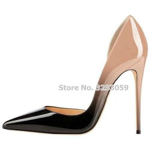 ALMUDENA 12cm Ultra High Heel Nude Black Leopard Gradient Color Shoes Mixed Color Patent Leather Wedding Pumps Banquet Shoes
