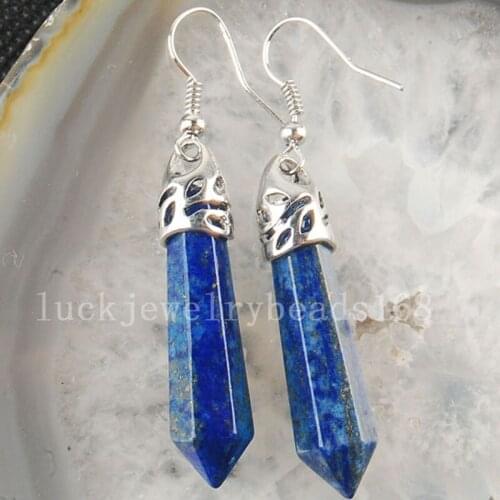 Free Shipping Women Fashion Jewelry Genuine Lapis Lazuli Hexagonal Pointed Reiki Chakra Dangle Earring C3166