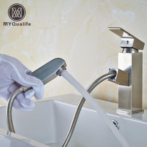 Free Shipping Pull Out Bathroom Vessel Sink Mixer Faucets Single Hole Washing Hot and Cold Water Taps Pipe Brushed Nickel