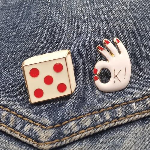 Dice And Fingers “OK” Brooches Enamel Pins Lapel Pins Backpack Clothes Metal Badge Jewelry Cool Stuff Gift For Kids/Friends