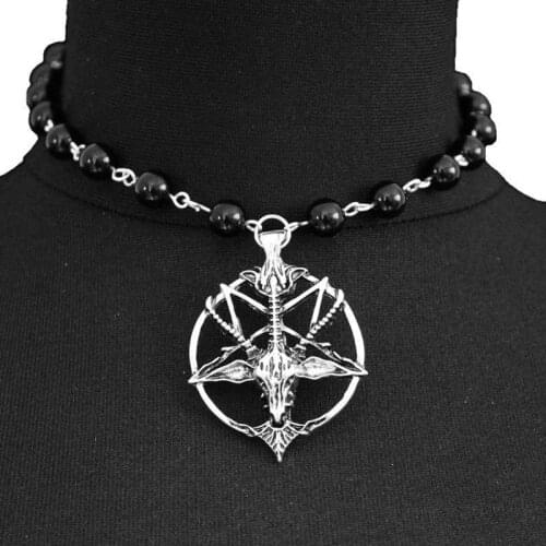 Black Beaded Chain Goat Head Skull Necklace Onyx Necklace Gothic Pentagram Devil Pan God Pendant Witch Pagan Jewelry