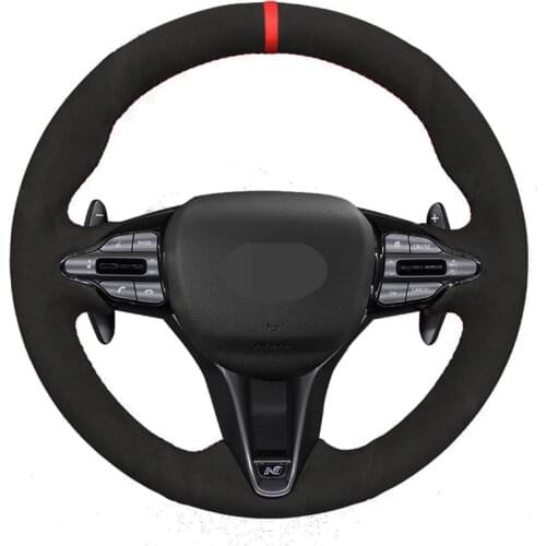 Car Steering Wheel Cover Hand-Stitched Soft Black Genuine Leather Suede For Hyundai i30 N 2018-2020 Veloster N 2019-2021