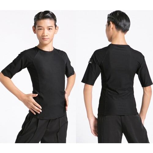 Boys Latin Dance Practice Clothes Black Short-Sleeved Tops Comfortable Ballroom Shirts Male Cha Cha Competition Wear VDB3229