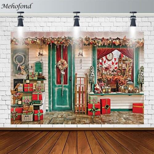 Mehofond Merry Christmas Tree Gift Backdrop Green Door Santa Claus Decor Photography Background Props Photo Studio Photozone