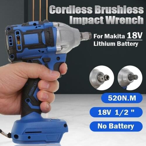 18V Electric Brushless Impact Wrench 520N.m Rechargeable Cordless 1/2 Socket Wrench Power Tool Adapted For Makita Battery