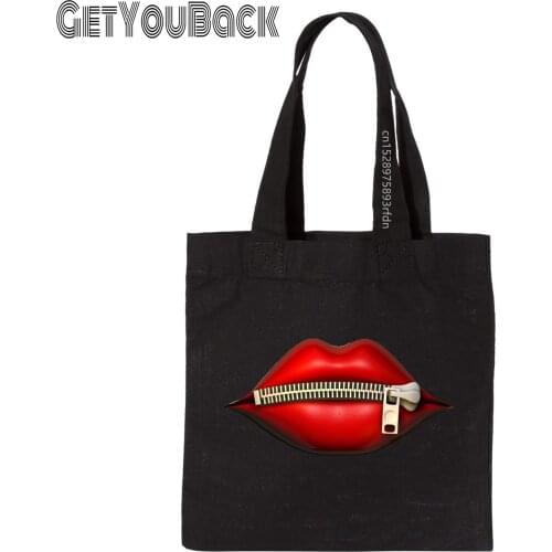 Lips Zipper Shopping Bag Graphic Tote Harajuku Shopper Bag Women Canvas Shoulder Bag Female Ulzzang Funny Eco Large-Capacity