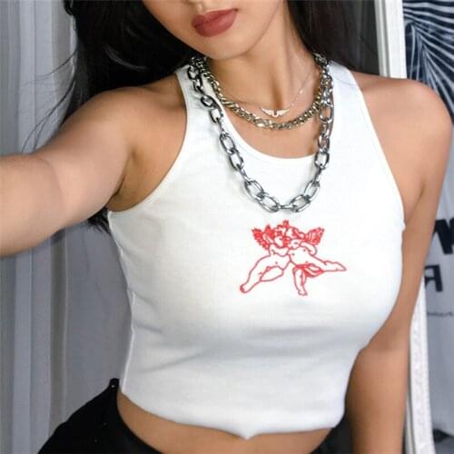 Ribbed Knitted Cute Harajuku Crop Tops Women Tank Tops 2020 Summer Stretch Slim White Printing Camisole Basic Tee Shirt Mujer