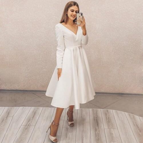 LUXIYIAO LO85 Short Wedding Dress 2021 A-Line Long Sleeve V-Neck Simple Boho Vintage For Women Robe De Mariee Bridal Gowns