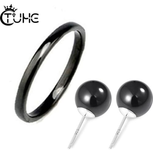 Fashion Smooth Ceramic Jewlery Set 2mm Ceramic Rings With 925 Sterling Silver Ear Pin Round Stud Earrings For Women Elegant Set