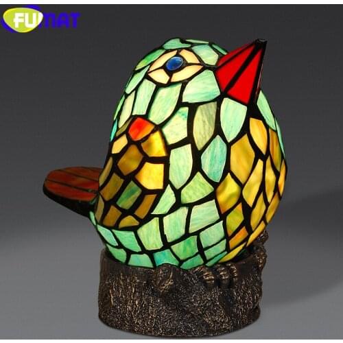 FUMAT Tiffany Style Desk Lamp Multicolor Stained Glass Bird Angry Flyer Table Light Decor Remote Control Night Lighting For Gift