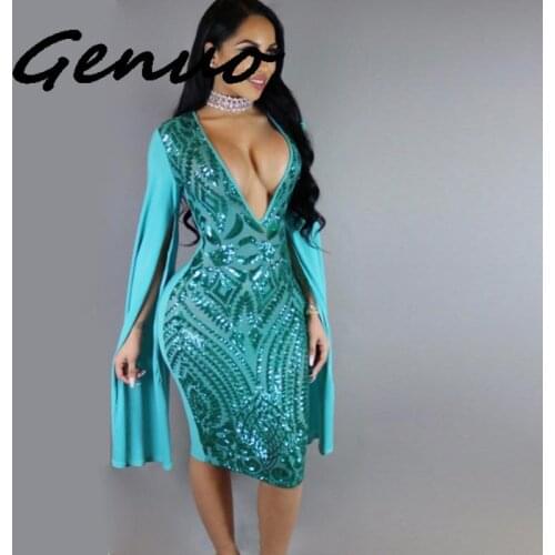 Genuo New Sexy Black Sequin Bodycon Deep V Neck Glam Sparkly Dress 2019 New Stretchy Beaded Shawl Sleeves Sequined Party Dress