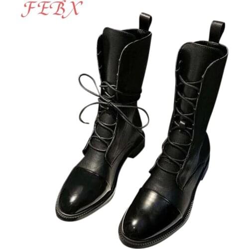 Autumn Women Boots Lace-Up Pointed Toe PU Leather Low Heel Ladies Ankle Boot Female Comfortable Outdoor Womens Footwear 2021
