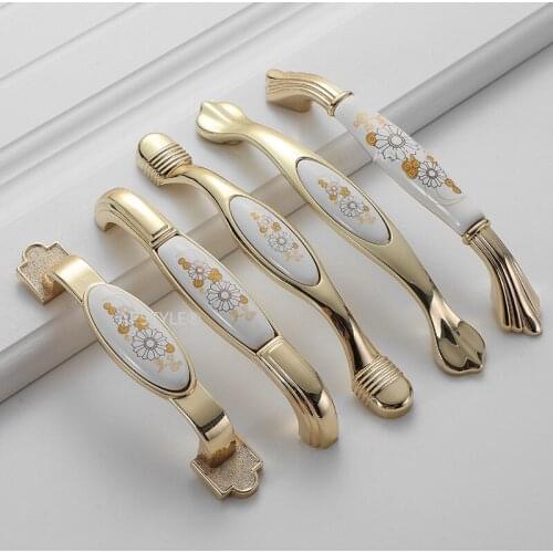 Flower Antique Cabinet Drawer Knobs Furniture Wardrobe Hardware European Fashion Zinc Alloy Ceramic Gold Cupboard Kitchen Pull