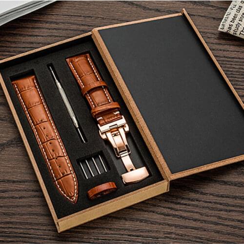 12mm-24mm Band Bamboo Pattern Strap Genuine Leather Watchband Double Press Butterfly Buckle With Wooden box Watches Accessories