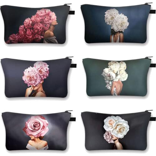 Cute Art Print Cosmetic Bag Oil Painting Flower Girl Portrait Cosmetic Case Women Travel Necessity Makeup Bag Female Storage