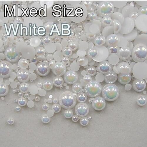Mixed Sizes! 7 Sizesl White AB 1100PCS/PACK (2mm/3mm/4mm/5mm/6mm/8mm/10mm) Half Round Flatback ABS imitation pearl beads