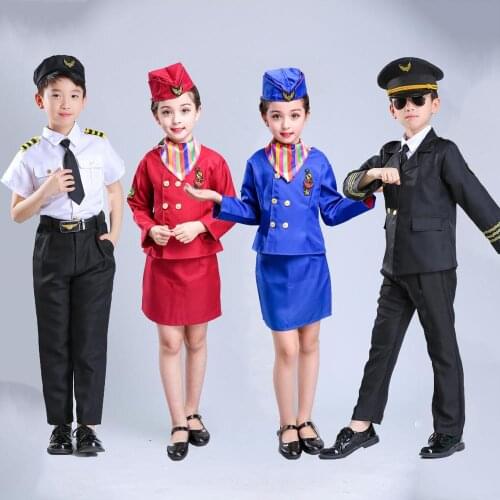 Halloween Party Wear Baby Girls Flight Attendant Stewardess Waitress Skirt Children Kids Boys Pilot Air Force Cosplay Costumes