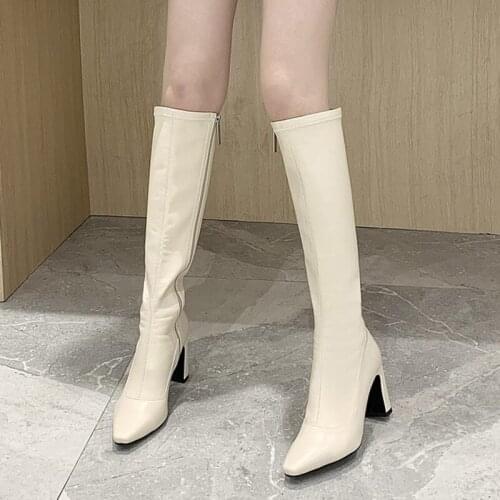 Women New Pointed Toe High Heels Long Boots Winter Warm Short Plush Knee High Booties Side Zipper Pu Leather Boots