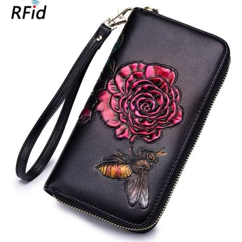 Flower Women Multi-functional Purse Ladies Wallet Genuine Leather Zipper Wallet RFID Handbag MF-A107