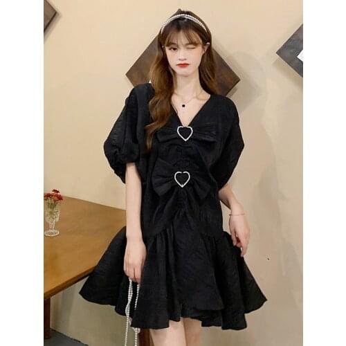 Sannian Retro V-neck Black Dresses Womens Summer 2021 New Irregular Design Sense Of Temperament Small Dresses Ladies Clothes