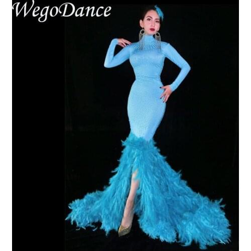 Hot Sale Flashing Rhinestones Blue Trumpet Dress Women Birthday Celebrate Outfit Singer Dancer Dress Prom Evening Long Dress