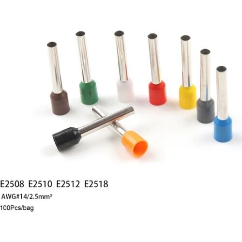 100pcs E2508 E2510 E2512 E2518 Tube Insulated Ferrules Terminal Block Wire Connector Crimp Terminator Wire For 2.5mm2,14 AWG