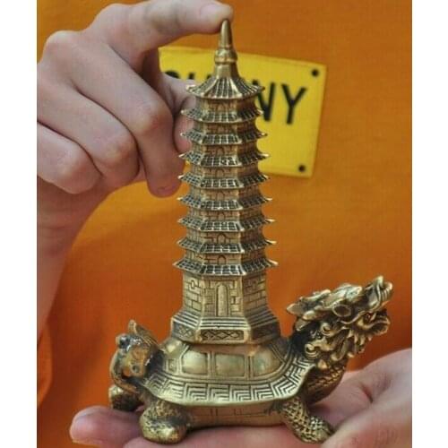 6"China Feng Shui brass Dragon turtle tortoise animal Pagoda pagoda tower statue