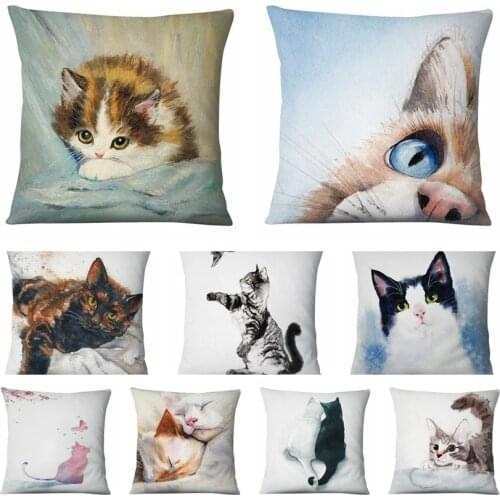Watercolor Painting Cats Print Pillowcase Home Pillow Decoration Cushion Decorative Pillows Home Decor Sofa Throw Pillows 17*17