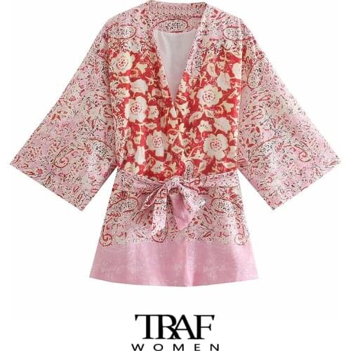 TRAF Za Women Fashion With Belt Floral Print Kimono Blouses Vintage Three Quarter Sleeve Side Slit Female Shirts Chic Tops