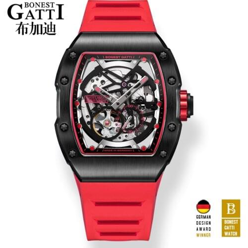GATTI Men Mechanical Watch Top Brand Luxury Red Sapphire Crystal 50m Waterproof Classic Fashion Rubber Clock Automatic Watches