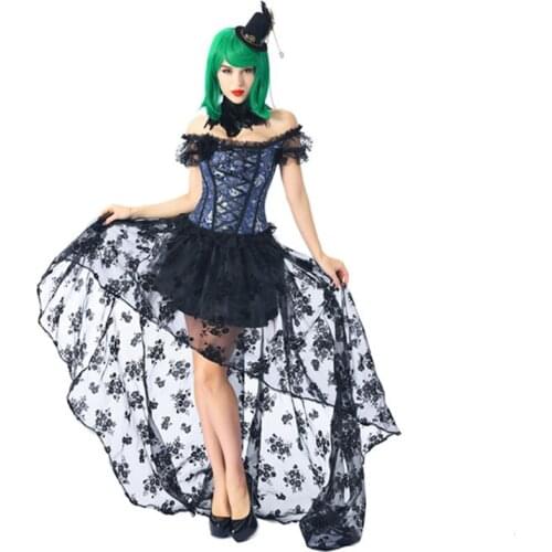 Black & Blue Gothic Corset With Skirt Set Steampunk Clothing Women Burlesque Dress Vintage Victorian Dresses Sexy Bustier Femme